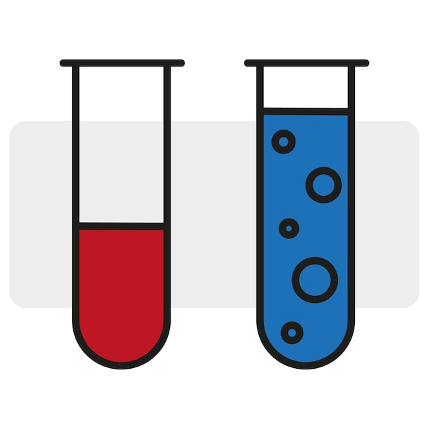 Chemische reageerbuizen blauwe en rode vloeistoffen. Vector illustratie. EPS 10.