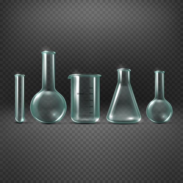 Vector chemische realistische reageerbuisjes instellen. bekerglas voor analyse en medicijnexperiment