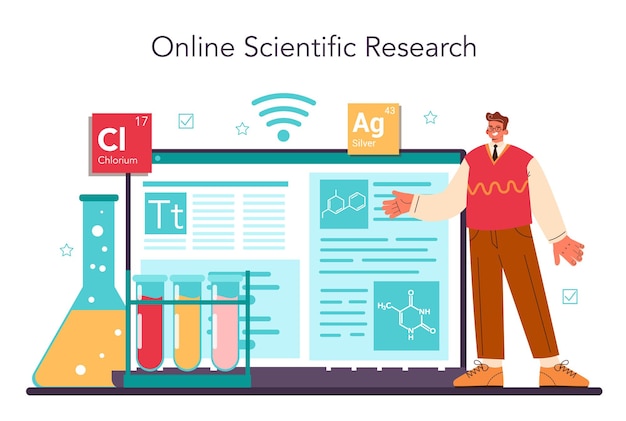 Chemist 온라인 서비스 또는 플랫폼. 실험실에서 실험을 하는 과학자. 화학 물질의 원자 연구. 온라인 조사. 평면 벡터 일러스트 레이 션