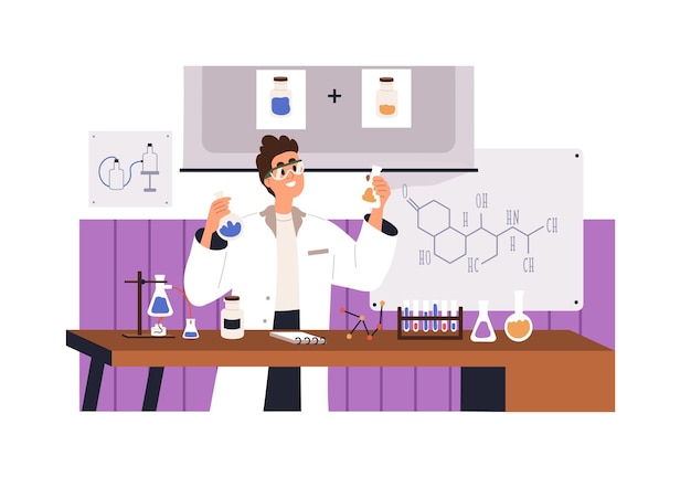 Chemist teacher during chemical lab experiment in chemistry class at school. Professor scientist with flasks at lesson in classroom, laboratory. Flat vector illustration isolated on white background