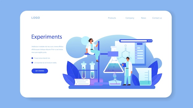 Chemist web banner or landing page. Chemistry scientist doing an experiment in the laboratory. Science equipment, chemical research. Isolated flat vector illustration