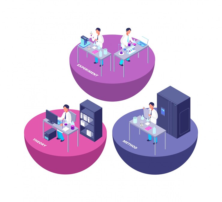 Vector chemistry 3d isometric research lab with chemical laboratory equipment and creative people illustration