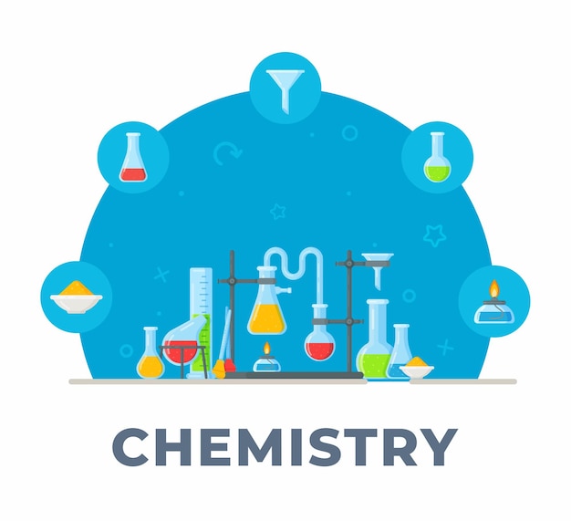 Химия и химические инструменты иллюстрации формул смесь в стиле химии в колбах и пробирках