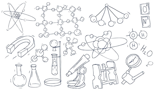 벡터 화학 및 물리학 과학 학습 교육 doodle 스케치 개별 요소의 손으로 그린 세트