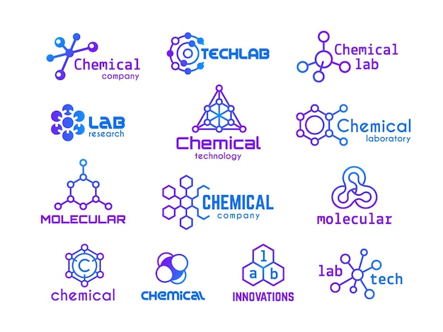 Chemistry badges Hexagon molecules logo molecule structure icons for chemical industry Business innovation technology biomolecular tidy vector labels