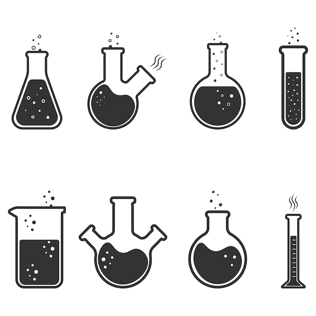 Chemistry beakers and flacks set Vector line icons