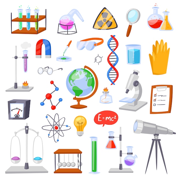 Scienza chimica di chimica o ricerca della farmacia in laboratorio per tecnologia o esperimento nell'insieme dell'illustrazione del laboratorio dell'attrezzatura scientifica del laboratorio