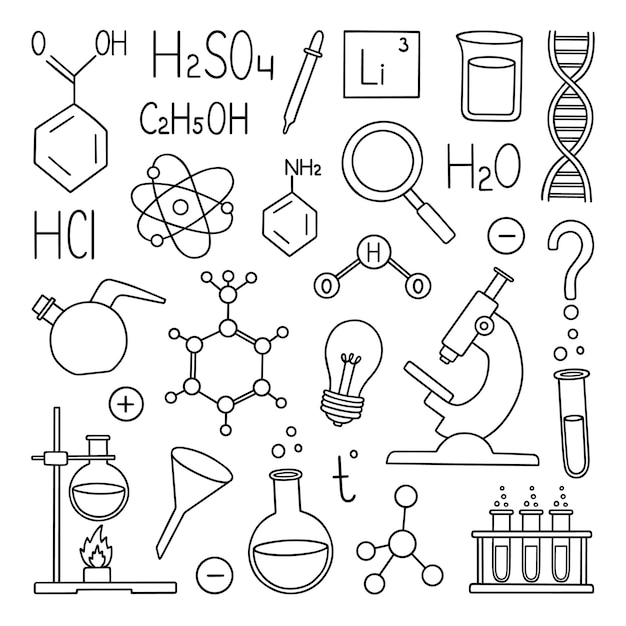 Set di doodle di chimica apparecchiature di laboratorio chimiche in stile schizzo