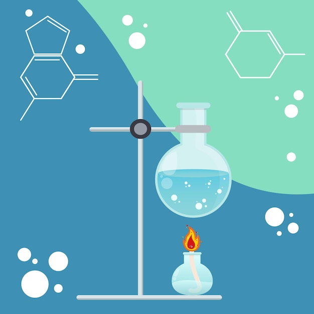 Chemistry experiment of a bottle reacting over an open flame vector science graphic