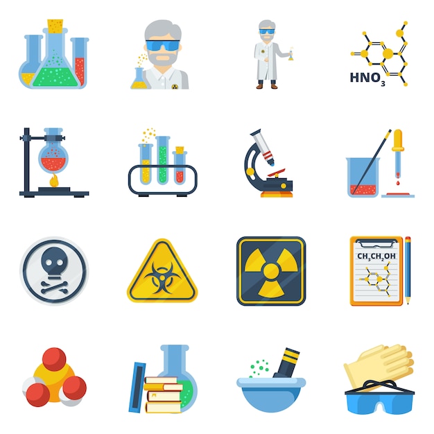 Chemistry flat color icons set