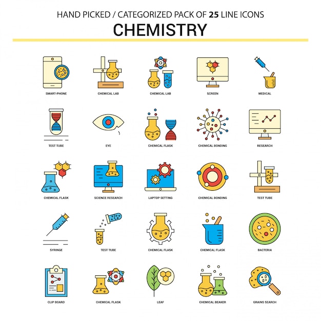 Chemistry flat line icon set