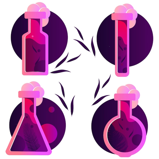 Chemistry glass bottle filled with a pink liquid potion. Love potion. Set of vector illustration