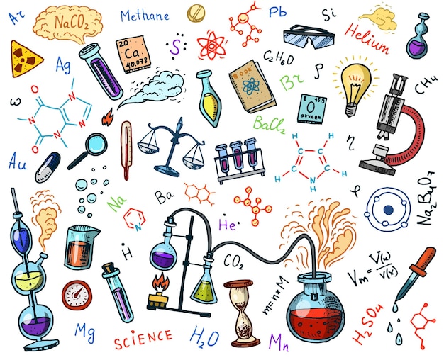 Chemistry of icons set chalkboard with elements formulas atom testtube and laboratory equipment laboratory workspace and reactions research science education medical engraved hand drawn