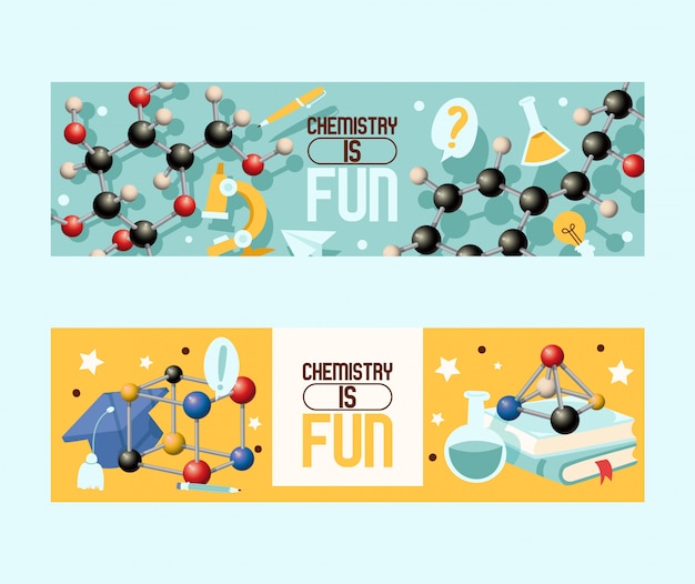 Chemistry is fun set ofs. laboratory equipment such as microscope, flask with liquid, molecule shapes.