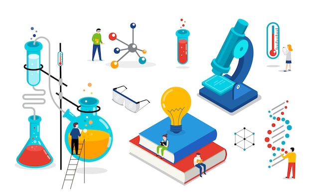 Chemistry lab and school class science education scene with miniature people students isometric