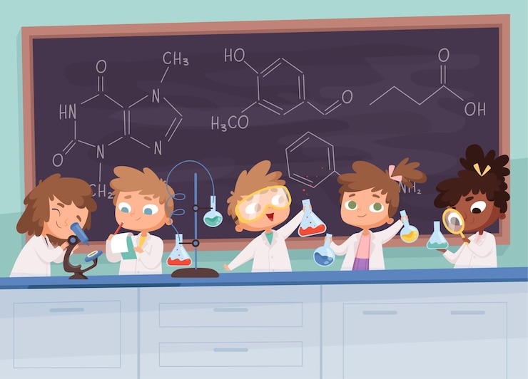 Vector chemistry lab. science boy and girls teenager learning research processes  characters cartoon background.