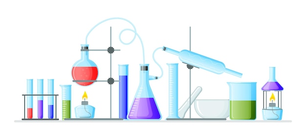 Vettore laboratorio di chimica reazione scientifica e fisica con forniture di laboratorio fiale e provette becher cilindrici bruciatore e pipetta esperimenti scientifici chimici illustrazione vettoriale