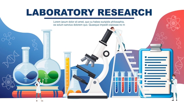 Vector chemistry laboratory abstract design with big equipment and little scientists advertising flyer design flat vector illustration.