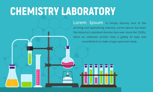 Chemistry laboratory concept banner, flat style.