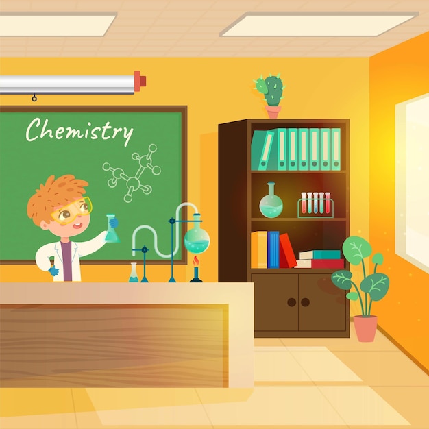 학교 교실 교육에서 화학 수업 학교 칠판과 책장에서 화학 실험을하는 소년