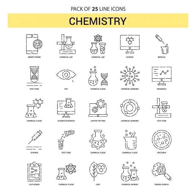 Chemistry line icon set - 25 dashed outline style