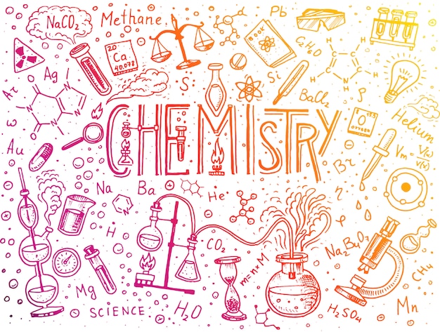 アイコンセットの化学。要素、数式、原子、試験管、実験装置を備えた黒板。研究室のワークスペースと反応の研究。科学、教育、医療。刻まれた手描き。