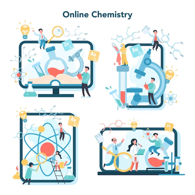 Insieme di concetti di studio online di chimica. corso online o piattaforma webinar per dispositivi diversi. esperimento scientifico in laboratorio con apparecchiature chimiche.
