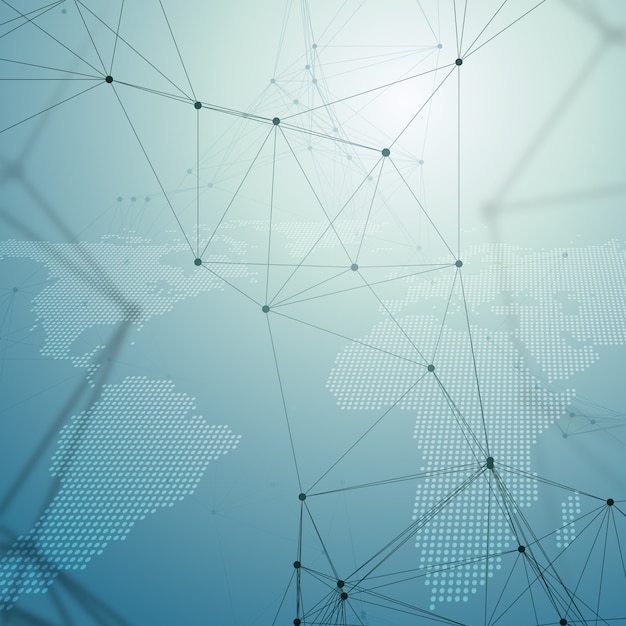 Chemistry pattern, dotted world map, connecting lines and dots, molecule structure