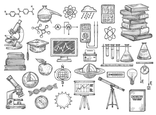 Chemistry and research equipment vector icons