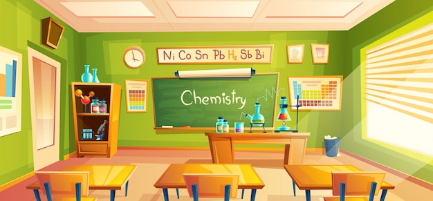 Chemistry room, school laboratory, classroom interior