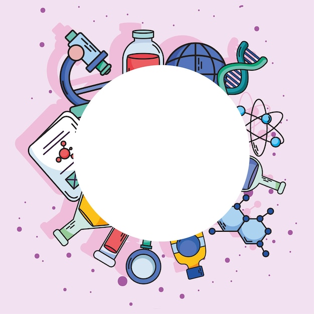Vector chemistry and science icon set around label
