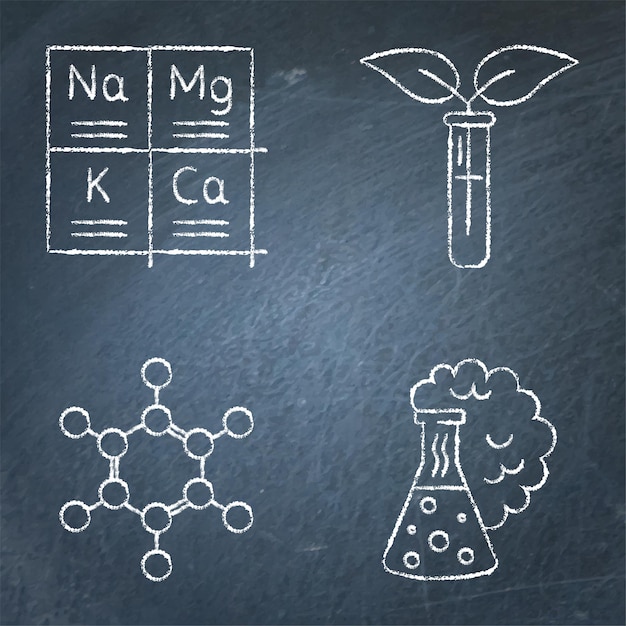 Chemistry science icon set on chalkboard