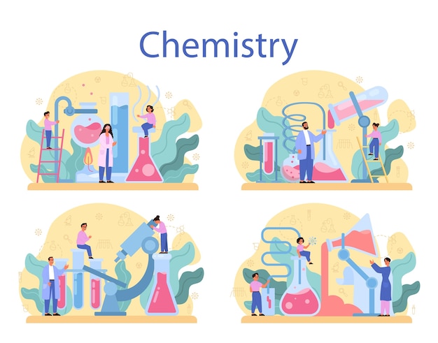 化学研究の概念セット。化学の授業。化学装置を使った実験室での科学実験。