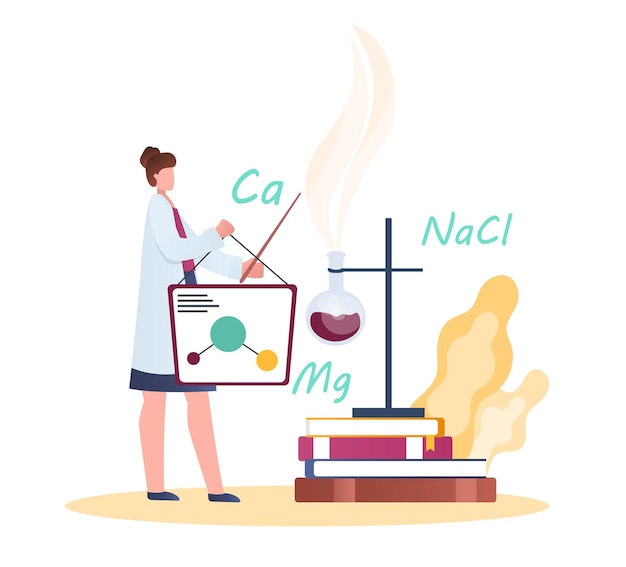 Chemistry teacher at blackboard educational experiment interaction of different elements chemist