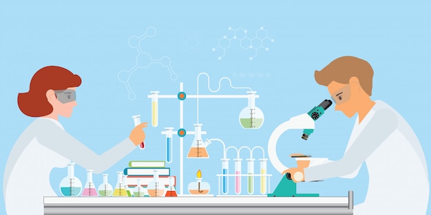 Вектор Химики проводят эксперименты и химические испытания на синем фоне.
