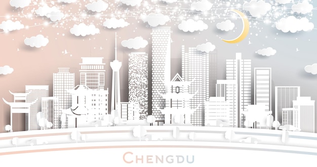 Chengdu China City Skyline in Paper Cut Style met witte gebouwen Maan en Neon Garland