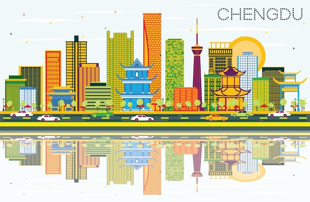 色の建物、青い空と反射と成都中国のスカイライン。ベクトルイラスト。近代建築とビジネス旅行と観光の概念。ランドマークのある成都の街並み。