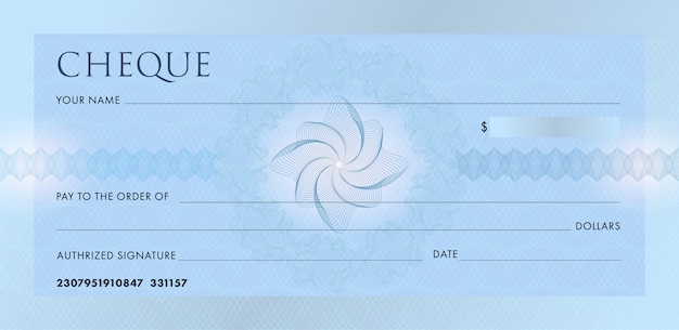 Vector cheque of chequeboeksjabloon. lege blauwe zakelijke bankcheque met guillochepatroonrozet en abstract watermerk.