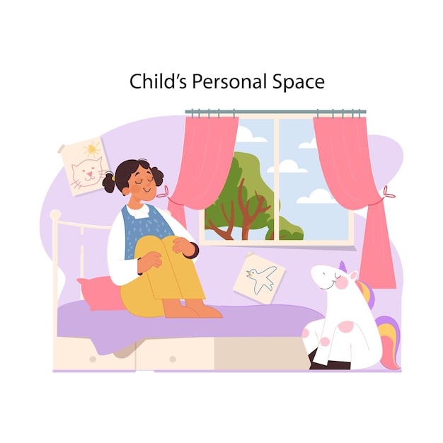 벡터 외로움 개념을 소중히 여기는 소녀는 그녀의 방에서 휴식을 취하고 아이의 개인 공간을 육성하는 평화로운 순간