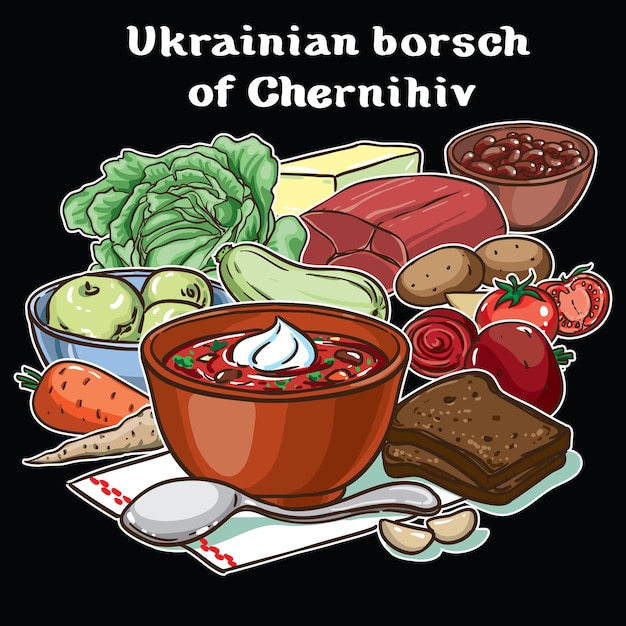 Chernihiv 우크라이나어 borsch 재료 벡터 세트