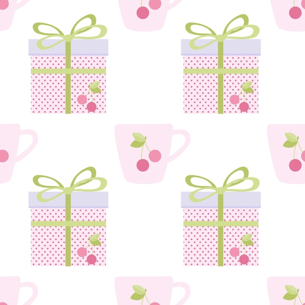 Cherries are painted on a mug of tea and on a gift box Seamless pattern Pastel colors pink green purple