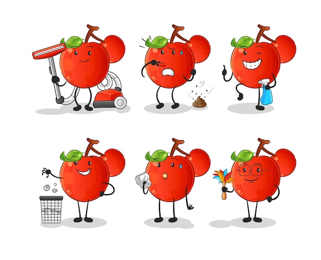 Cherries cleaning group character cartoon mascot vector