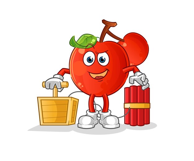 Cherries holding dynamite detonator cartoon mascot vector