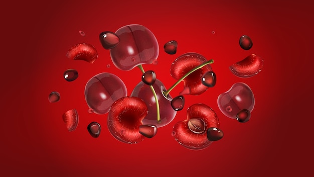 Cherries, pomegranate grains and drops of juice flying on a red background.