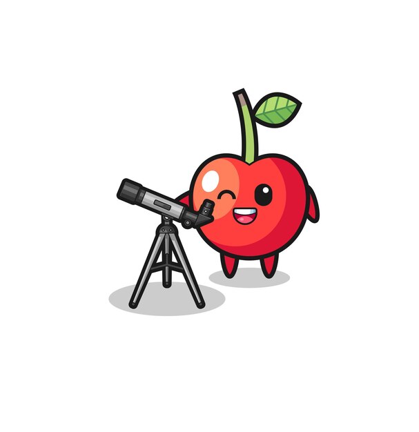 Mascotte astronomo cherry con un moderno telescopio, design carino