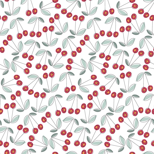 Cherry berries with leaves on white background seamless pattern