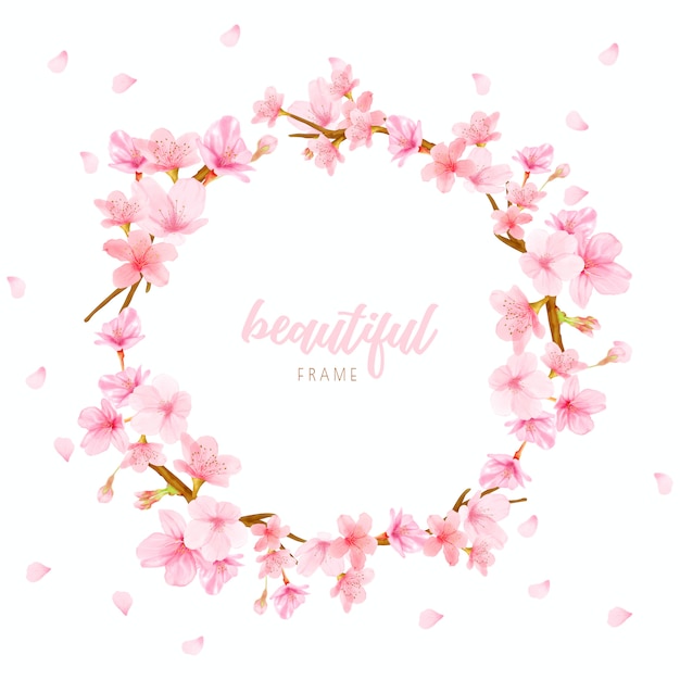 Vector cherry blossom background frame with hand drawn flowers