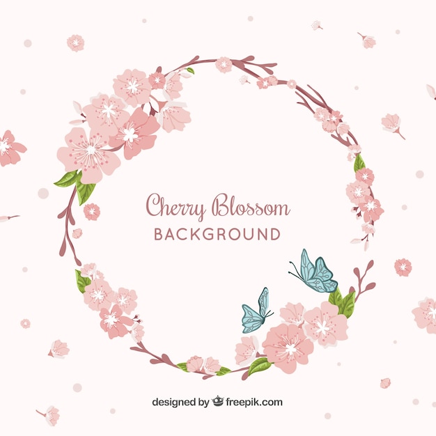 Cherry blossom background with hand drawn flowers