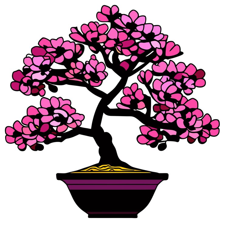 Vector cherry blossom bonsai japanese's trees grown in containers vector illustration