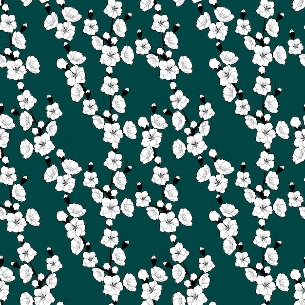 직물 포장지 의류 벽지 엽서 배너 벡터 그림을 위한 벚꽃 분기 흑백 원활한 패턴 디자인